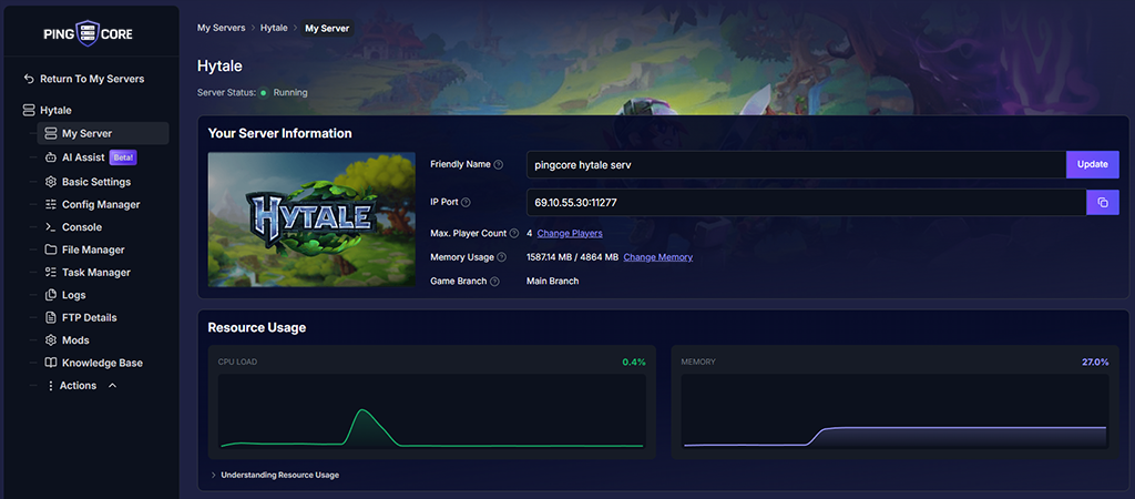 PingCore server dashboard showing Hytale server with resource usage graphs