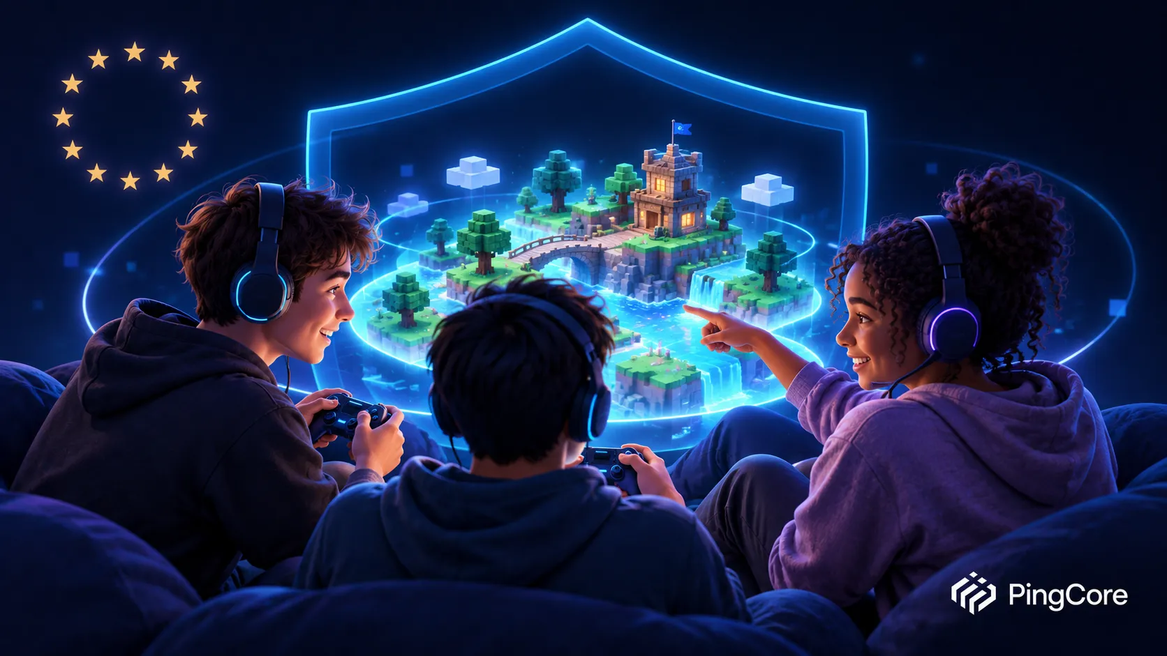 Three young gamers share a virtual world beneath a glowing protective shield, with EU stars and the PingCore logo.