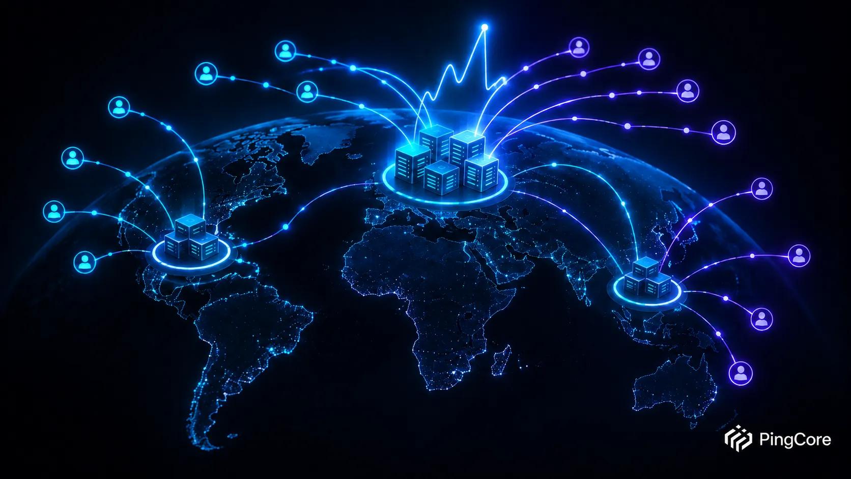 Global multiplayer player demand surging unpredictably across regional game-server clusters, with the PingCore logo.