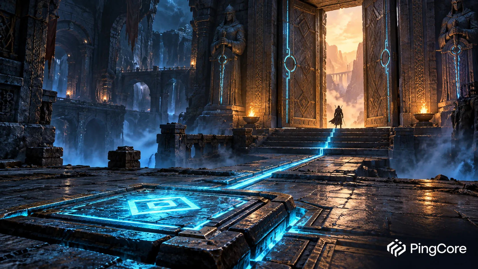 An illustrated fantasy dungeon with a glowing pressure plate, mechanical doorway and small white PingCore logo in the bottom-right corner.