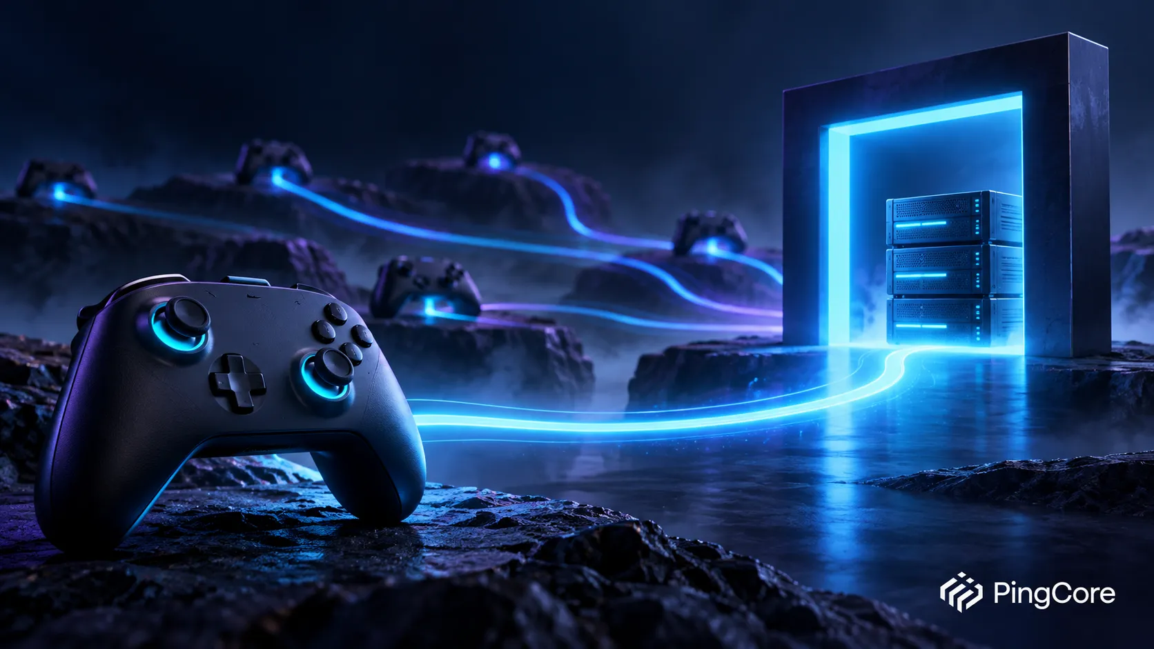 A stylised game controller and glowing server gateway connected by cyan light, with the white PingCore logo in the bottom-right corner.