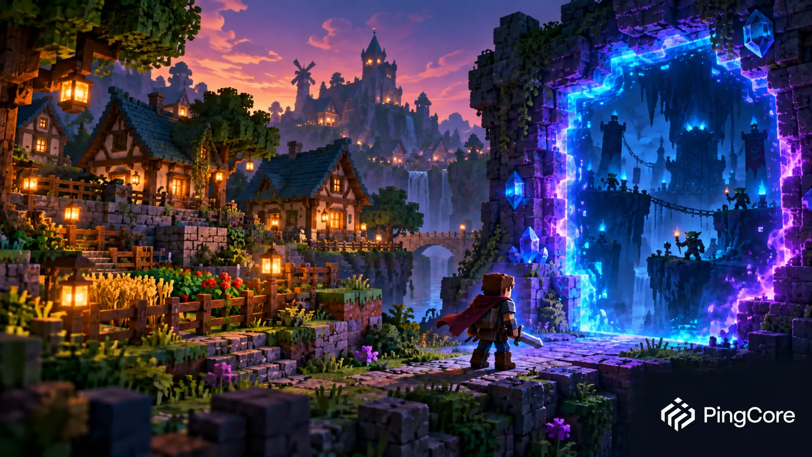 An illustrated block-built settlement facing a glowing portal to a new adventure, with the white PingCore logo in the bottom-right corner.